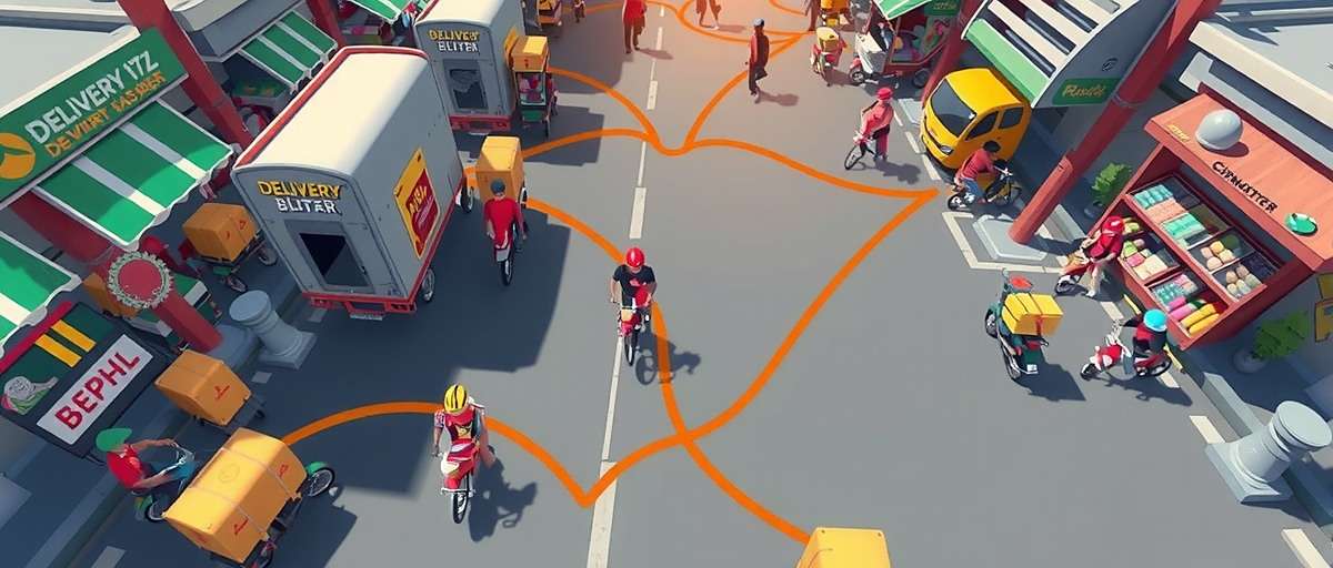 Delivery Blitz advanced strategy showing optimal delivery routes through a crowded Indian market