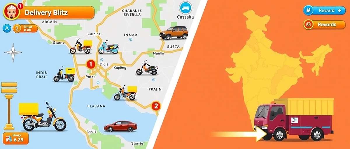 Delivery Blitz features showing different delivery vehicles, Indian city maps, and reward systems