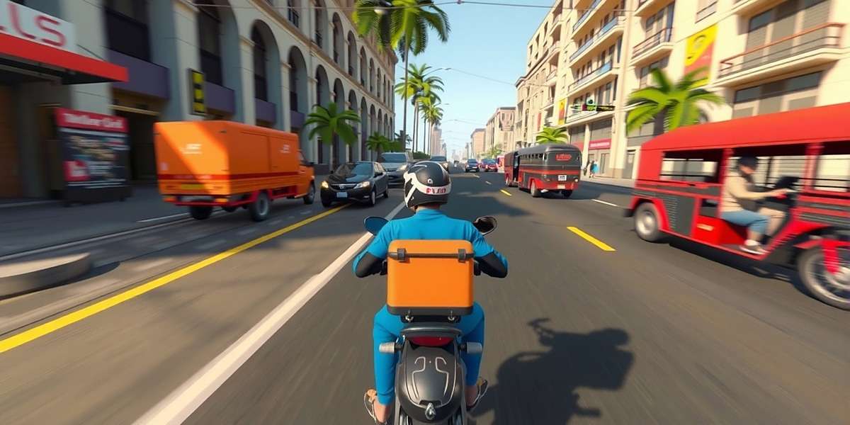 Delivery Blitz gameplay showing a delivery boy on a bike navigating through Indian street traffic